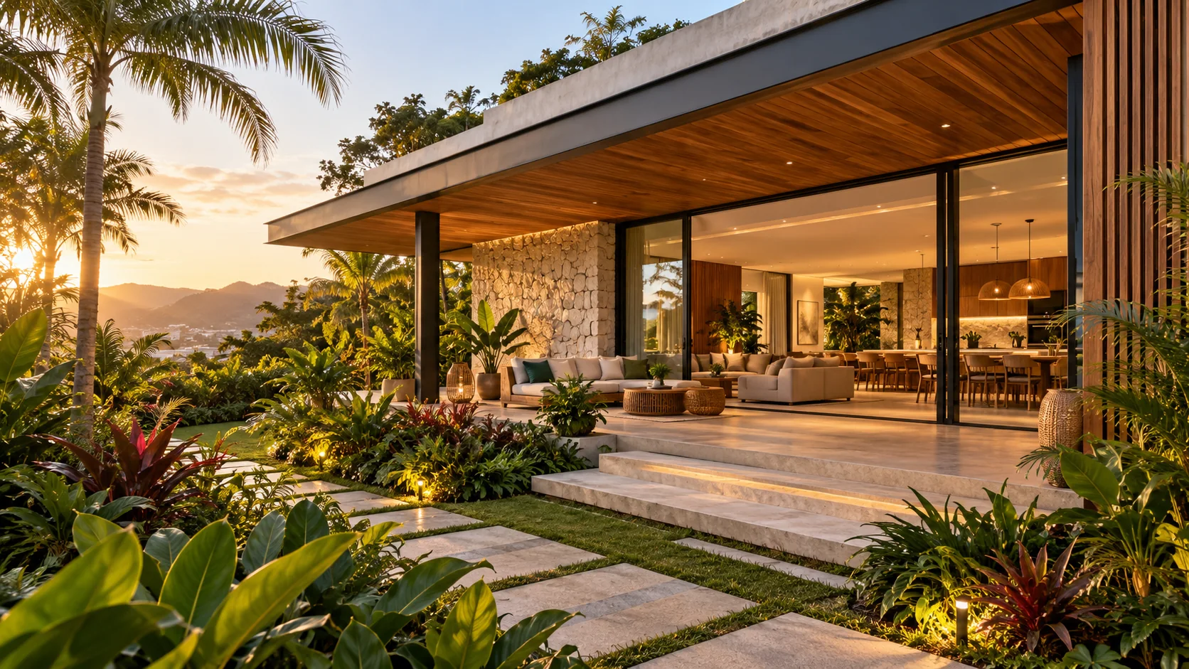 Imagem conceitual de residência contemporânea com varanda, jardim e luz de fim de tarde